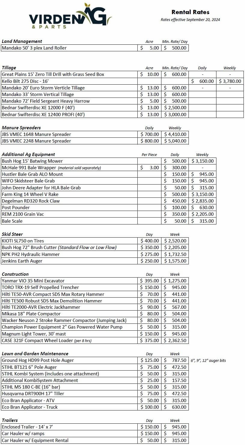 Rental Rate Sheet 1